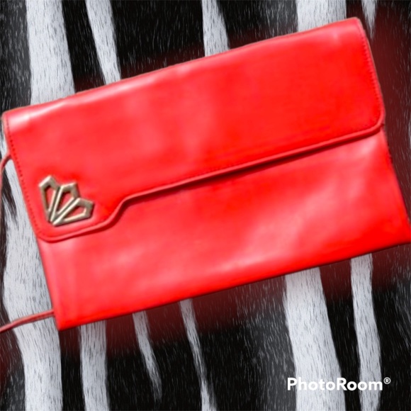 VTG 80s Red Convertible Shoulder Hand Bag Clutch Purse Built-in Compact Mirror - Picture 7 of 16